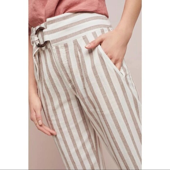 Anthropologie Oasis Striped Linen Pants Tan Cream Size 4P - Picture 2 of 10